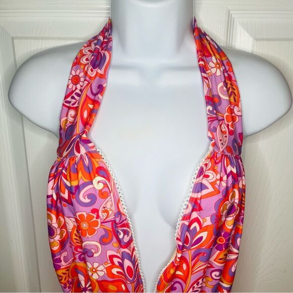 Unique Vintage Boho Floral Skirted Swimsuit Plunging Neckline Pink Orange S NWT - Picture 6 of 13